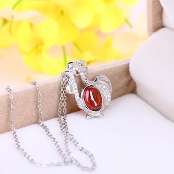 14k Gold Natural Garnet Diamonds Chicken Sterling Silver Necklace - Picture 2 of 10